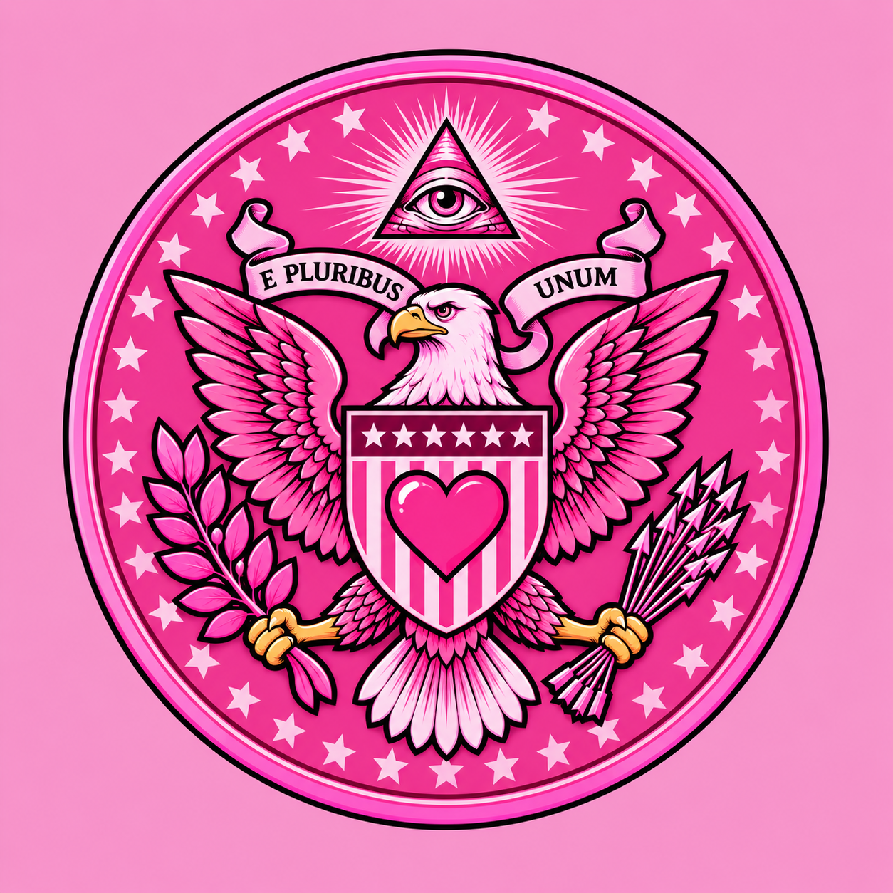 Pink ILLUMINAUGHTY eagle, eye and heart emblem
